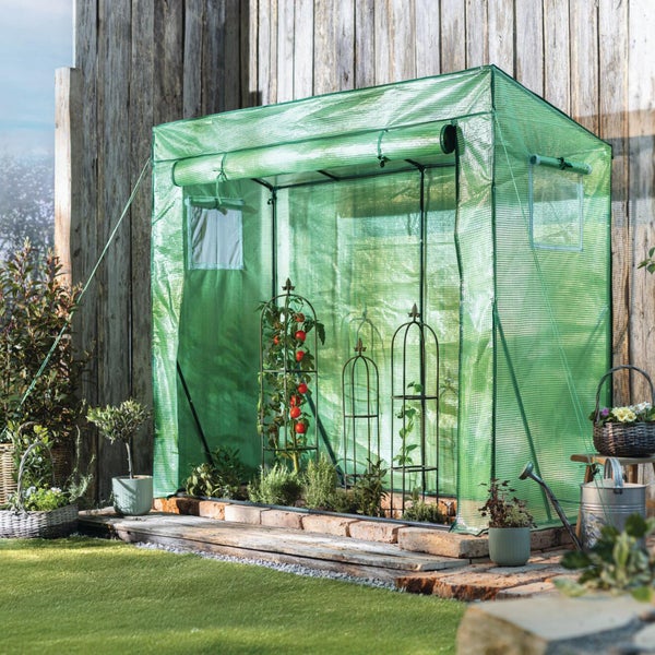 Grünes Foliengewächshaus mit aufgerollter Tür im Garten vor einer Holzwand, innen Tomatenpflanzen an Rankhilfen aus Metall.