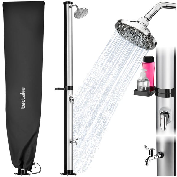 Silberne Solardusche mit rundem Duschkopf, Fußbrause, Ablage und schwarzer Schutzhülle mit tectake Logo.