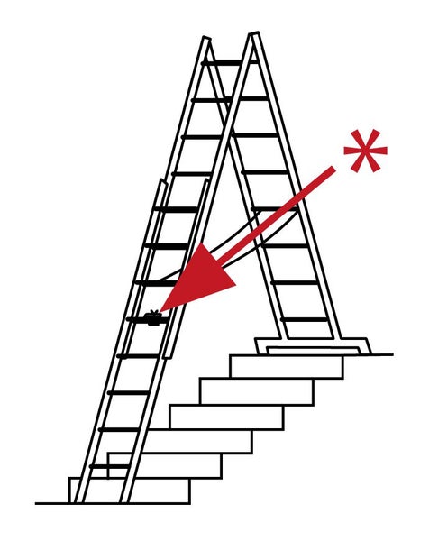 Illustration einer Leiter auf einer Treppe mit Warnhinweis