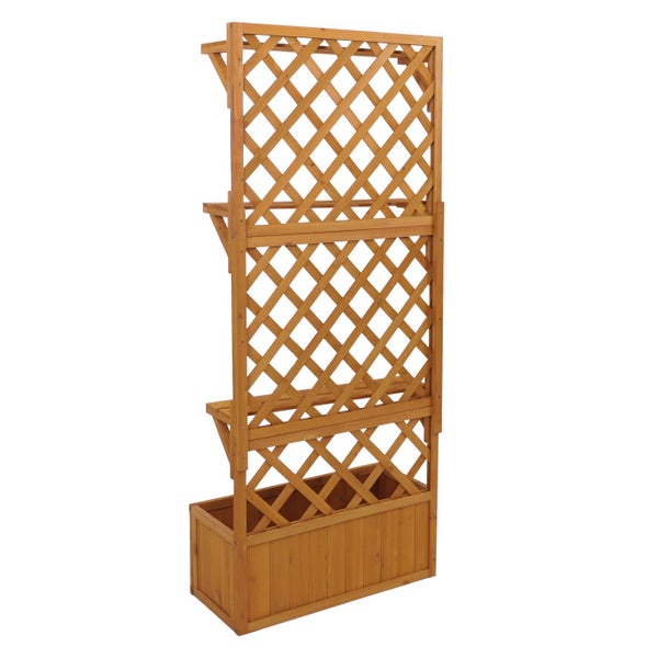 Pflanzkasten aus braunem Holz mit Rankgitter und drei Ablagen für den Garten oder Balkon.