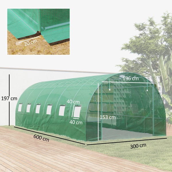 Outsunny Gewächshaus Foliengewächshaus mit 12 Fenster, Rolltür, Aufrollbar Seitenwänden, UV-beständiger Folientunnel, Winterfest Tomatenhaus mit Erdanker, Grün