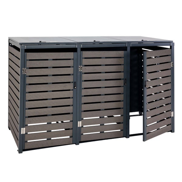 Mülltonnenbox für drei Mülltonnen mit aufklappbarem Deckel und abschließbarer Tür