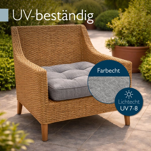 Gartensessel aus Polyrattan mit Sitzpolster, UV-beständig, farbecht und lichtecht mit UV-Schutzfaktor 7 bis 8 für den Außenbereich.