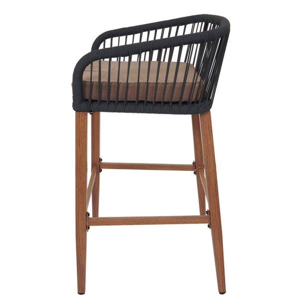 Barhocker mit Armlehne, Seilgeflecht und Holzbeinen