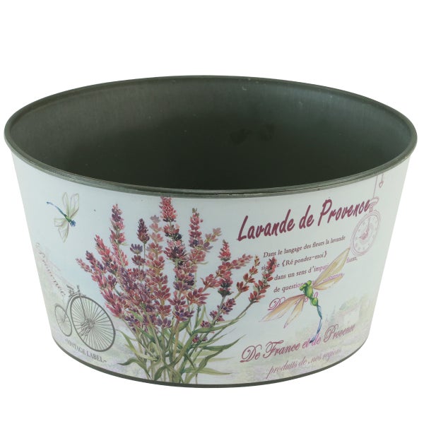 Dekorativer Metallpflanztopf mit Lavendel Motiv, Libelle und Aufschrift Lavande de Provence im Vintage Stil.