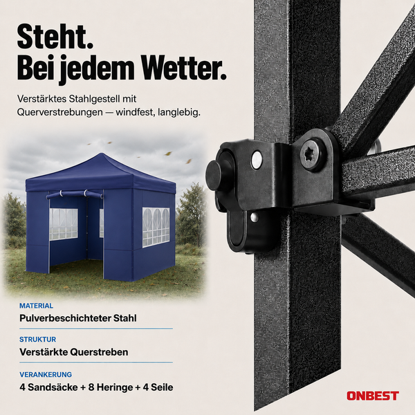 Blauer ONBEST Pop-Up Pavillon mit technischen Daten wie 3 mal 3 Meter Größe, pulverbeschichtetem Stahlgestell und UV-Schutz 50 Plus.
