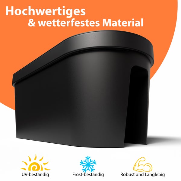 Schwarzer Pflanzkasten mit Symbolen für UV-Beständigkeit, Frostbeständigkeit, Robustheit und Langlebigkeit