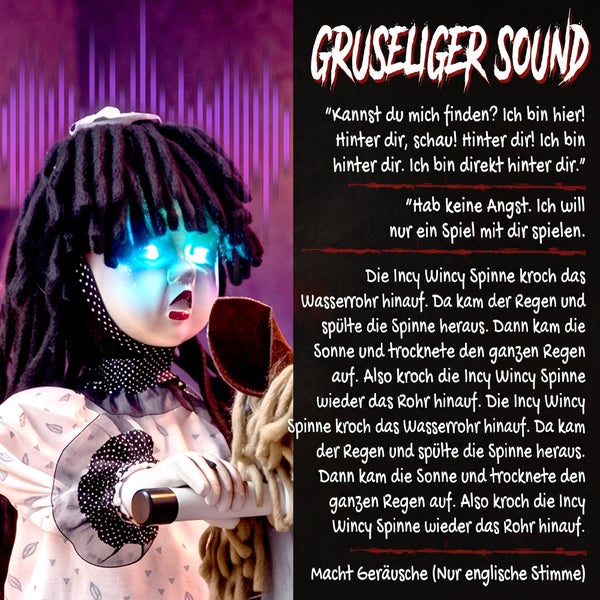 Gruselige Halloween Animatronic Puppe mit leuchtenden Augen und Soundeffekten als Dekoration für Halloween.