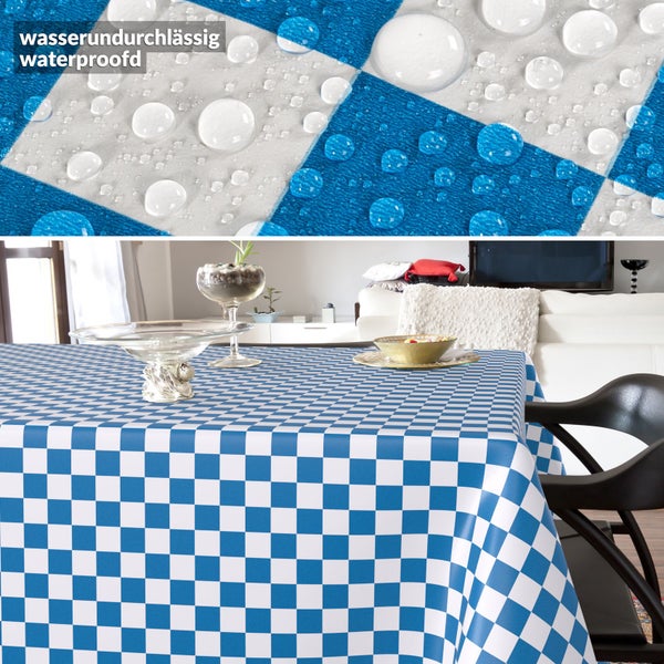 Wasserundurchlässige Tischdecke mit blau-weißem Karomuster auf einem Esstisch.