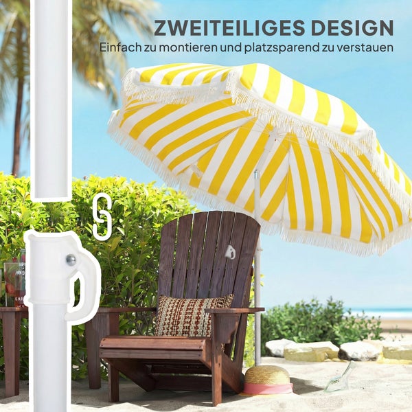 Gestreifter Sonnenschirm mit Fransen am Strand. Durchmesser 180 Zentimeter, Gesamthöhe 200 Zentimeter, Durchgangshöhe 154 Zentimeter.