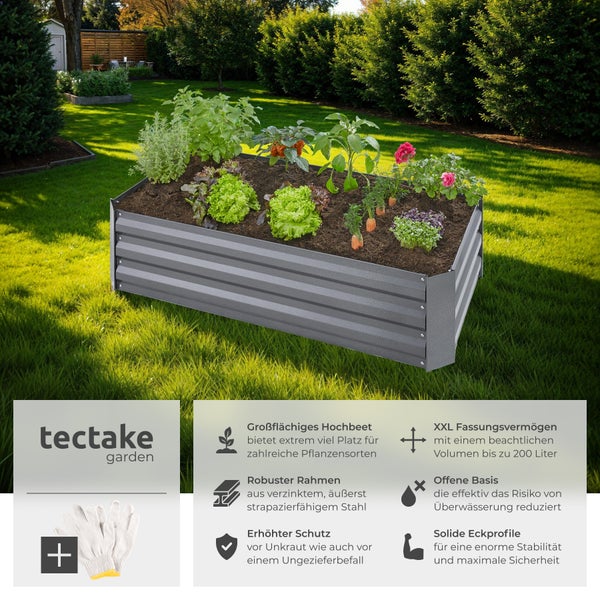 Hochbeet aus Stahl mit Pflanzen im Garten