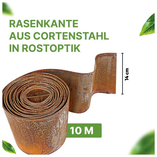 Rasenbegrenzung aus Cortenstahl in Rostoptik, 10 Meter lang und 14 Zentimeter hoch