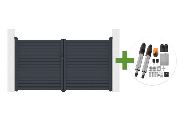 Zweiflügeliges Einfahrtstor mit horizontalen Lamellen inklusive elektrischem Torantrieb-Set und Montagematerial.