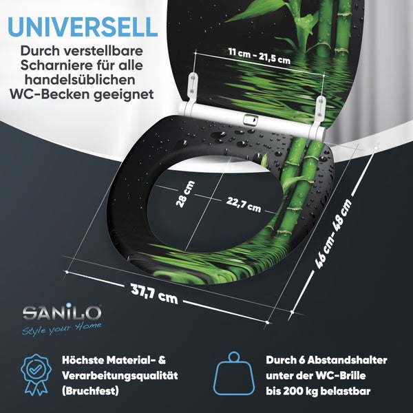 WC-Sitz mit Bambus-Motiv, bruchfest. Maße: Breite 37,7 Zentimeter, Länge 46 bis 48 Zentimeter. Belastbar bis 200 Kilogramm. Sanilo Logo.
