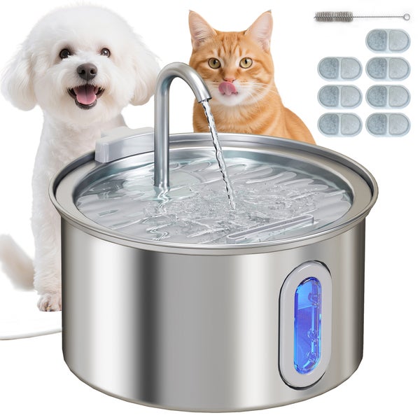 Trinkbrunnen aus Edelstahl für Hunde und Katzen mit Wasserhahn, Füllstandsanzeige, Reinigungsbürste und Ersatzfiltern.