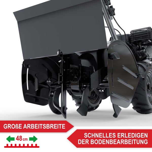Motorhacke mit einer Arbeitsbreite von 48 Zentimetern für die effiziente Bodenbearbeitung im Garten.