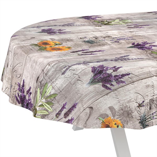 Rundes Tischtuch mit Holzoptik und floralen Motiven wie Lavendel und Sonnenblumen.