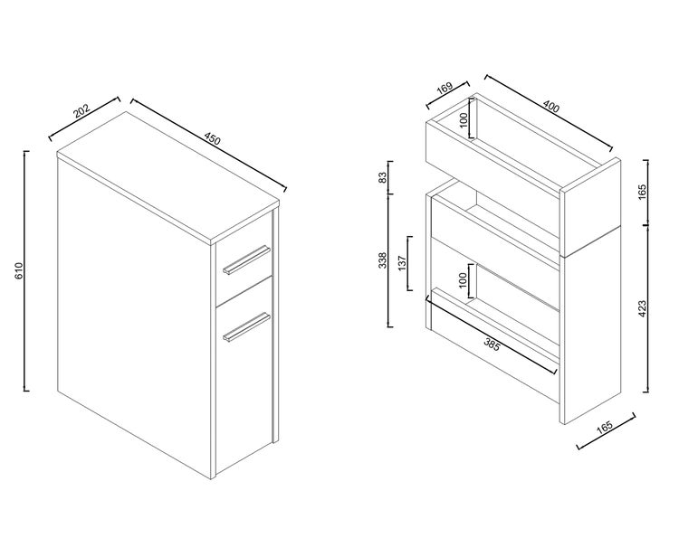 Technische Zeichnung eines Badezimmer Unterschranks mit Schubladen und offenen Fächern inklusive Maße