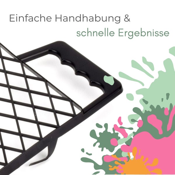 Abstreifgitter aus Kunststoff mit ergonomisch geformtem Griff für einfache Handhabung bei Malerarbeiten.