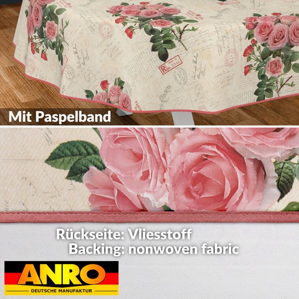 Tischdecke mit Rosenmotiv, Paspelband und Vliesstoffrückseite