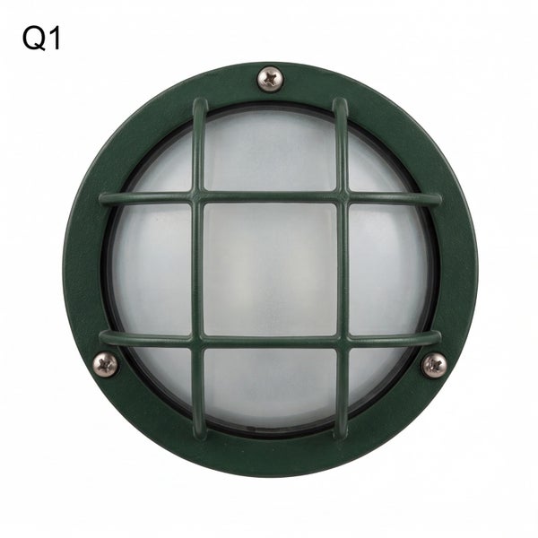 Runde grüne Außenwandleuchte mit Schutzgitter und mattem Glas.