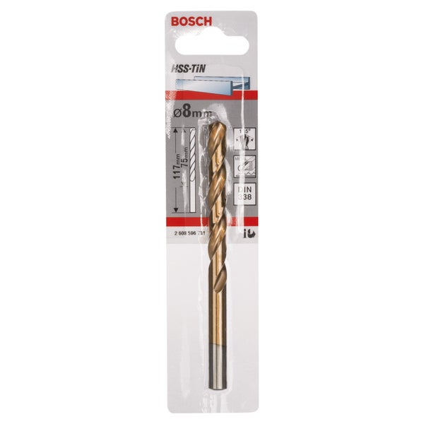 Bosch HSS-TiN Metallbohrer mit 8 Millimeter Durchmesser und 117 Millimeter Gesamtlänge, DIN 338, in Blisterverpackung.
