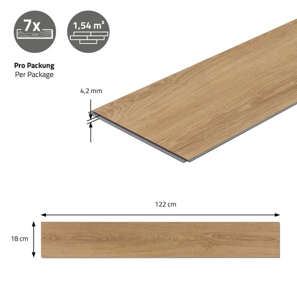 ML-Design Deluxe PVC Bodenbelag, Click Vinyl-Dielen, Vinylboden, 122 cm x 18 cm x 4,2 mm, Dicke 4,2 mm, 1,54m²/7 Dielen, Sandbar Eiche, Braun, Holzoptik, rutschfest, wasserfest, Belastungsklasse 34