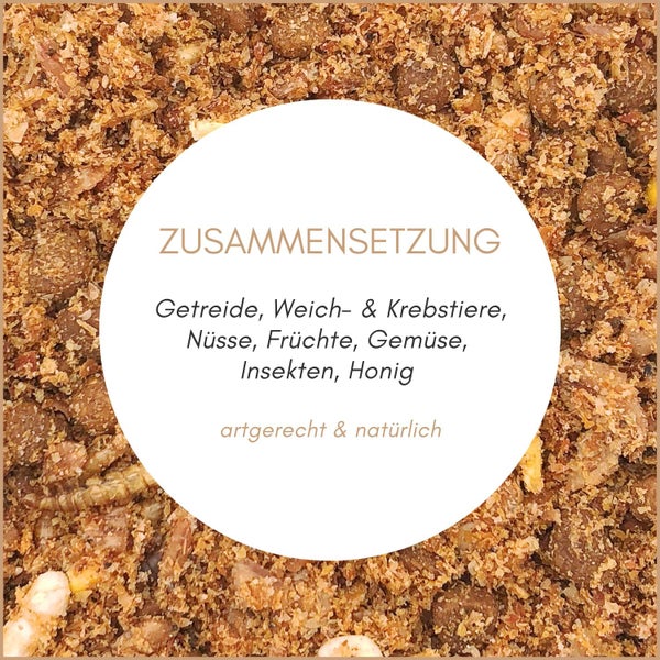 Zusammensetzung des Futters aus Getreide, Weichtieren und Krebstieren, Nüssen, Früchten, Gemüse, Insekten und Honig. Artgerecht und natürlich.