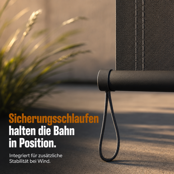 Detailaufnahme einer Sicherungsschlaufe an der Endschiene eines Rollos für zusätzliche Stabilität bei Wind.