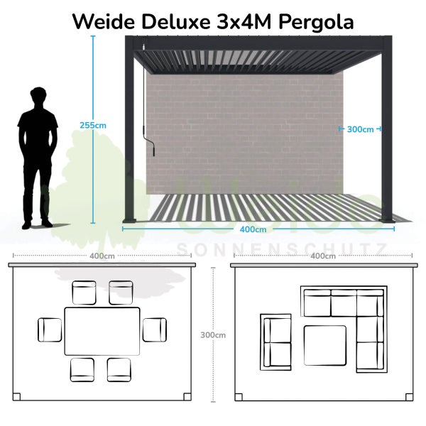 Weide Deluxe Wandpergola 3 x 4 M - Voll-Aluminium, Lamellendach, Weiß