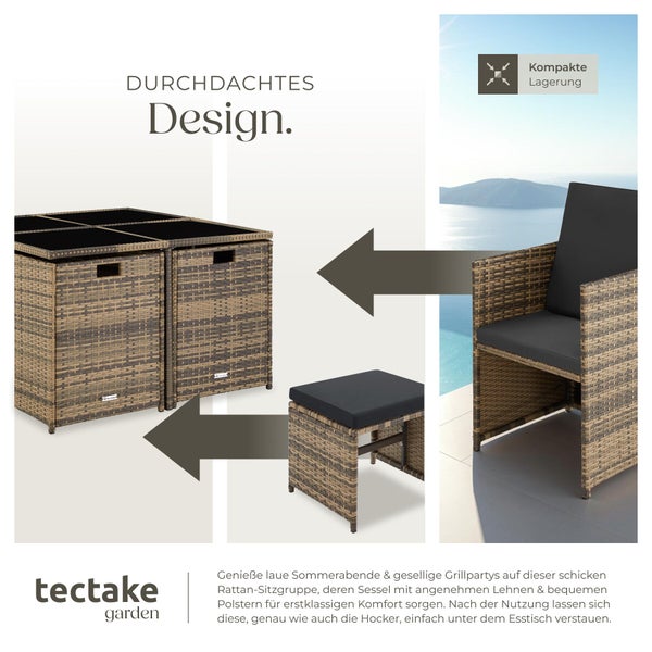 Rattan-Gartenmöbel-Set mit Sesseln und Hockern, platzsparend unter den Tisch schiebbar. Kompakte Lagerung. tectake garden Logo.