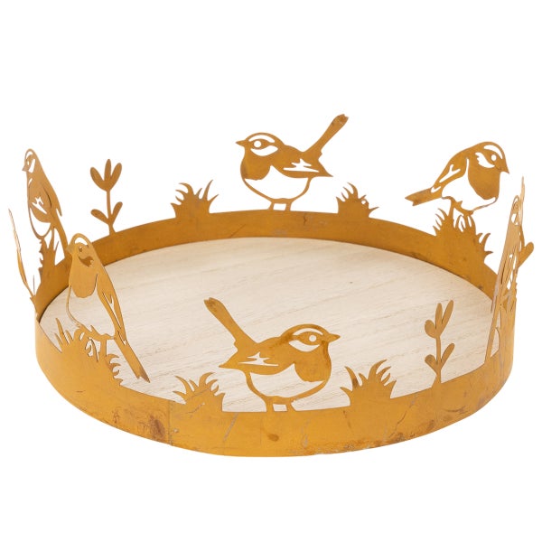 Dekotablett mit Holzboden und Metallrand mit Vogel-Silhouetten