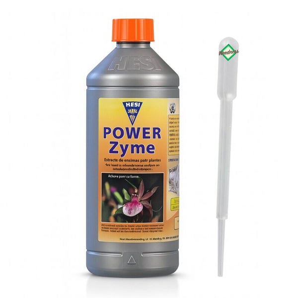 HESI Power Zyme Pflanzen-Enzymextrakt in einer Flasche inklusive Dosierpipette, HESI Logo und Weedness Logo.