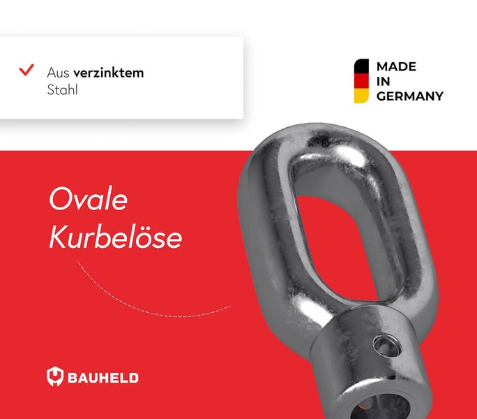 Ovale Kurbelöse aus verzinktem Stahl, Made in Germany, Bauheld Logo
