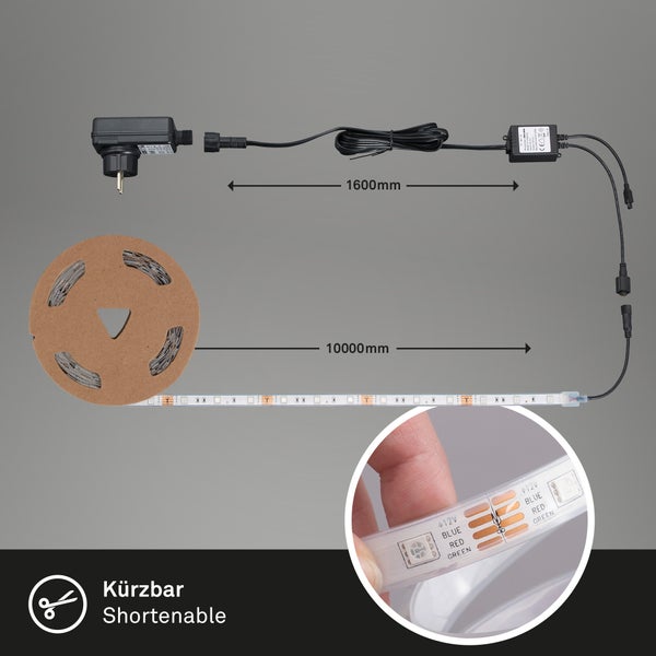 LED Streifen Komplettset, 10000 Millimeter Länge, 1600 Millimeter Zuleitung, kürzbar, mit Netzstecker und Controller.