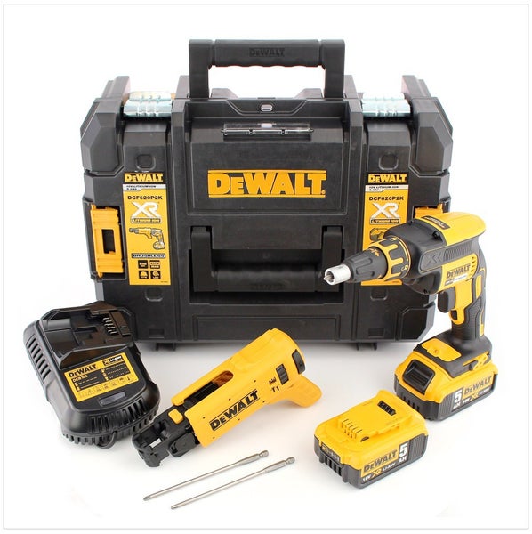 DeWalt 18 Volt XR bürstenloser Trockenbauschrauber Set mit zwei Akkus, Ladegerät, Magazinvorsatz und Bits im Transportkoffer.
