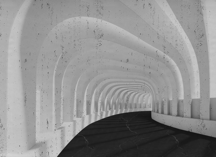 Fototapete mit 3D-Architektur-Tunnel aus Betonbögen und dunklem Boden.