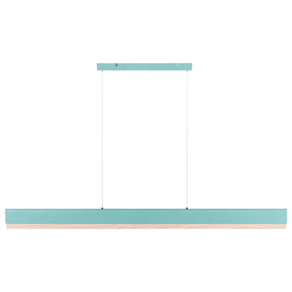 Längliche lineare Pendelleuchte aus Holz und Metall in Mintgrün.