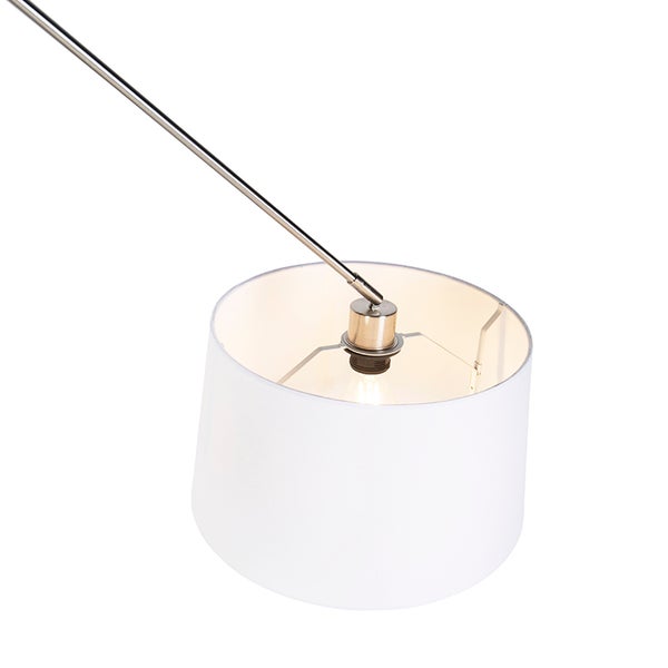 Weißer zylindrischer Lampenschirm an einem Metallarm mit Fassung für ein Leuchtmittel.