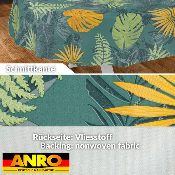 Tischdecke mit tropischem Blattmuster, Schnittkante und Rückseite aus Vliesstoff. ANRO Deutsche Manufaktur Logo.