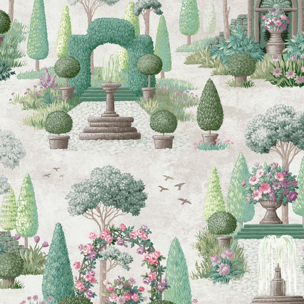 Vliestapete mit romantischem Gartenmotiv inklusive Brunnen, Rosenbögen und Bäumen für eine klassische Wandgestaltung in Wohnräumen.