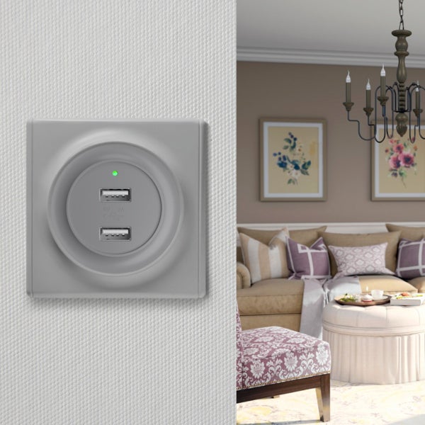 USB Ladesteckdose mit zwei Anschlüssen montiert an einer Wand vor einem eleganten Wohnzimmer im Hintergrund.