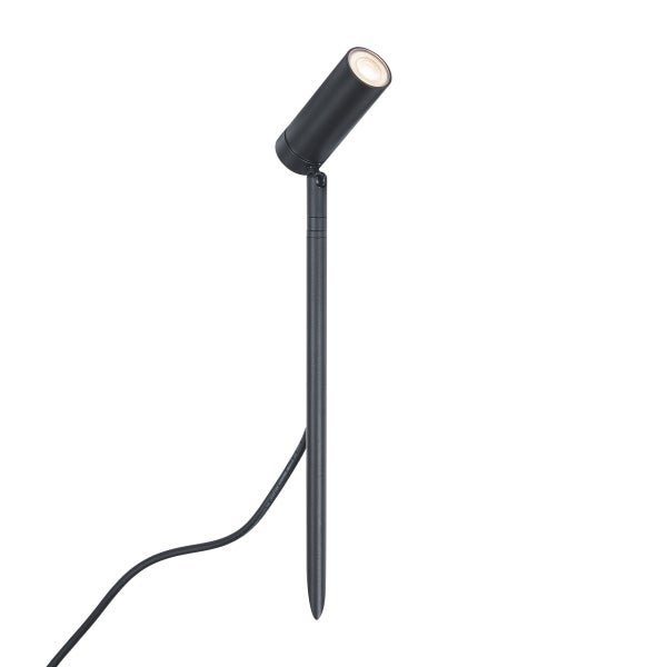 Schwarzer Gartenstrahler mit Erdspieß und Kabel, zylindrischer Leuchtenkopf, LED-Außenleuchte.