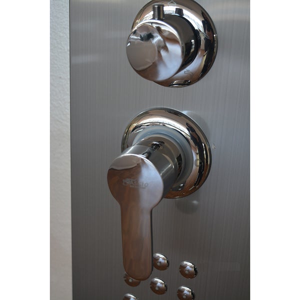 Detailansicht eines Duschpaneels mit verchromten Bedienelementen und Einhandmischer auf einer gebürsteten Edelstahl-Oberfläche.