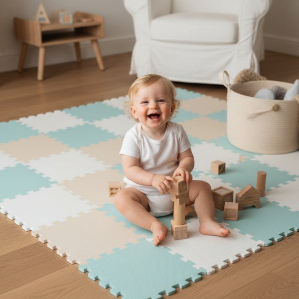 Lächelndes Baby auf einer Schaumstoff-Puzzlematte aus ineinandergreifenden Fliesen in einem hellen Spielzimmer mit Holzspielzeug.