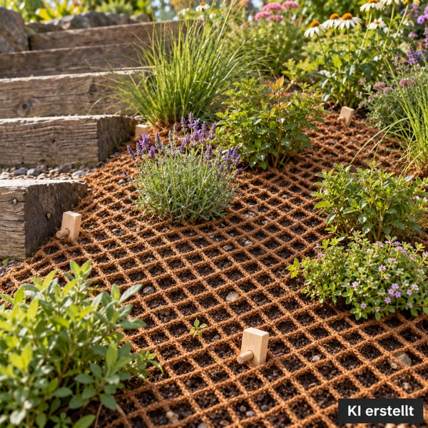 Kokosfasernetz zur Böschungsbefestigung mit Holzpflöcken im Garten fixiert, um Pflanzen am Hang zu stabilisieren.