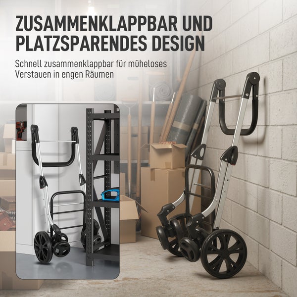 Zusammenklappbarer und platzsparender Gepäckwagen in einem Lagerraum.