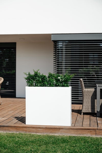 Großer, rechteckiger weißer Pflanzkübel mit grünen Pflanzen auf einer Holzterrasse vor einem modernen Haus mit Gartenmöbeln und Jalousien.