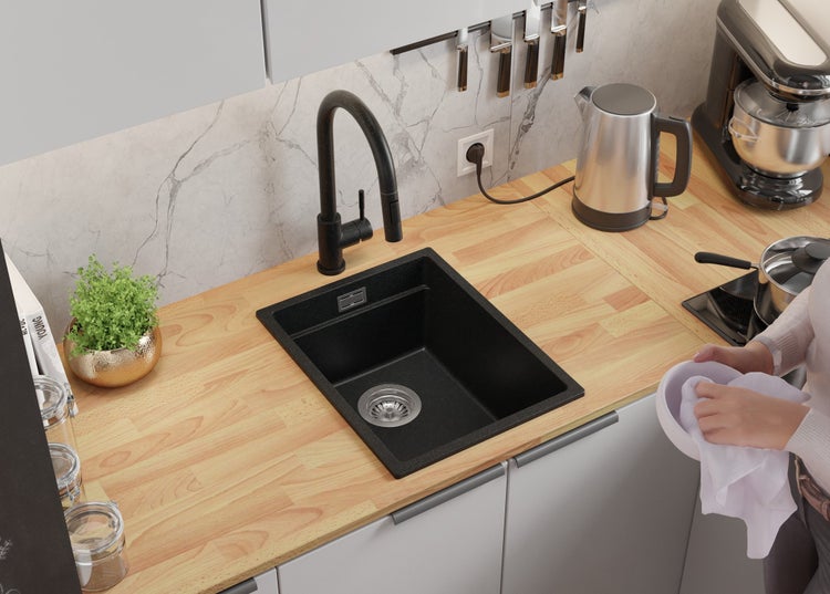 PRIMAGRAN Spülbecken Anthrazit 36x47cm, Granitspüle 1 Becken + Ablauf-Set + Aufrollbare Abtropffläche, Küchenspüle ab 40er Unterschrank - Praga Slim