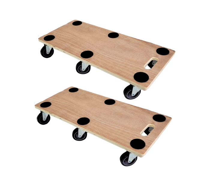 Set bestehend aus zwei Möbelrollern aus Holz mit Antirutschpunkten, Lenkrollen und integriertem Tragegriff für den Transport von Lasten.